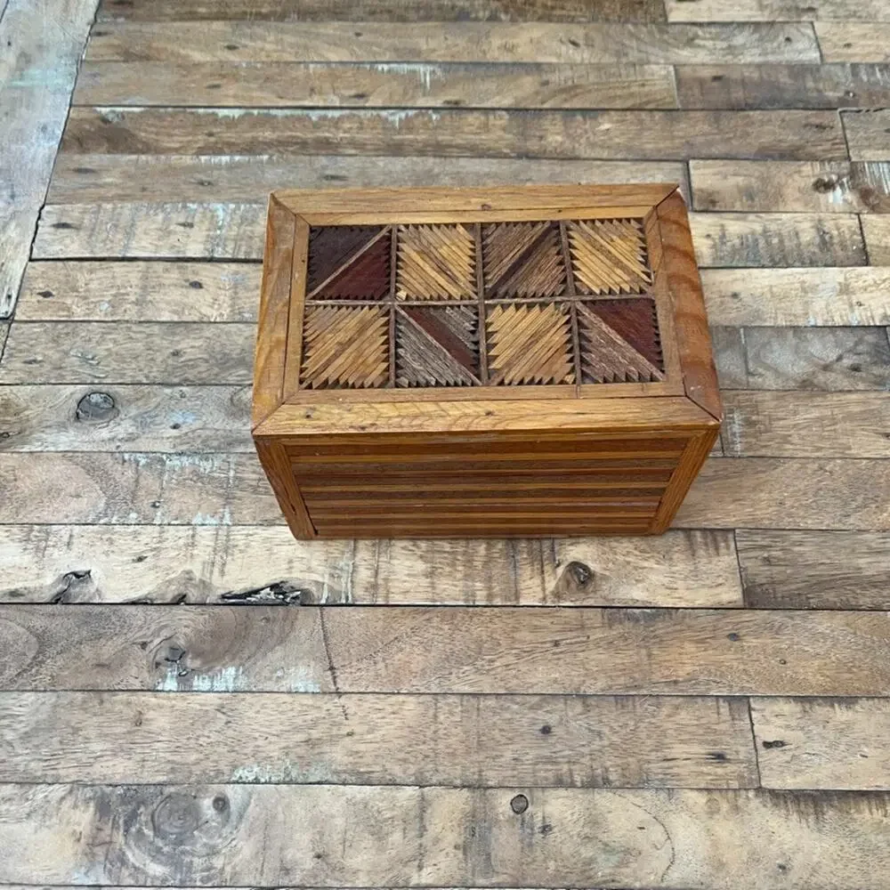 Handmade Vintage Jewelry Box Trinkets Folk Art Inlay Two Drawer Wooden 8.5